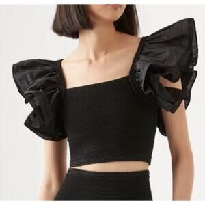 Aje 'Corinne' Black Poplin Square Neck Ruffled Knit Crop Top Size XXS